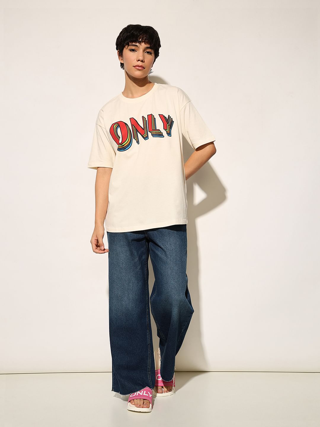 Cream Printed Cotton T-Shirt