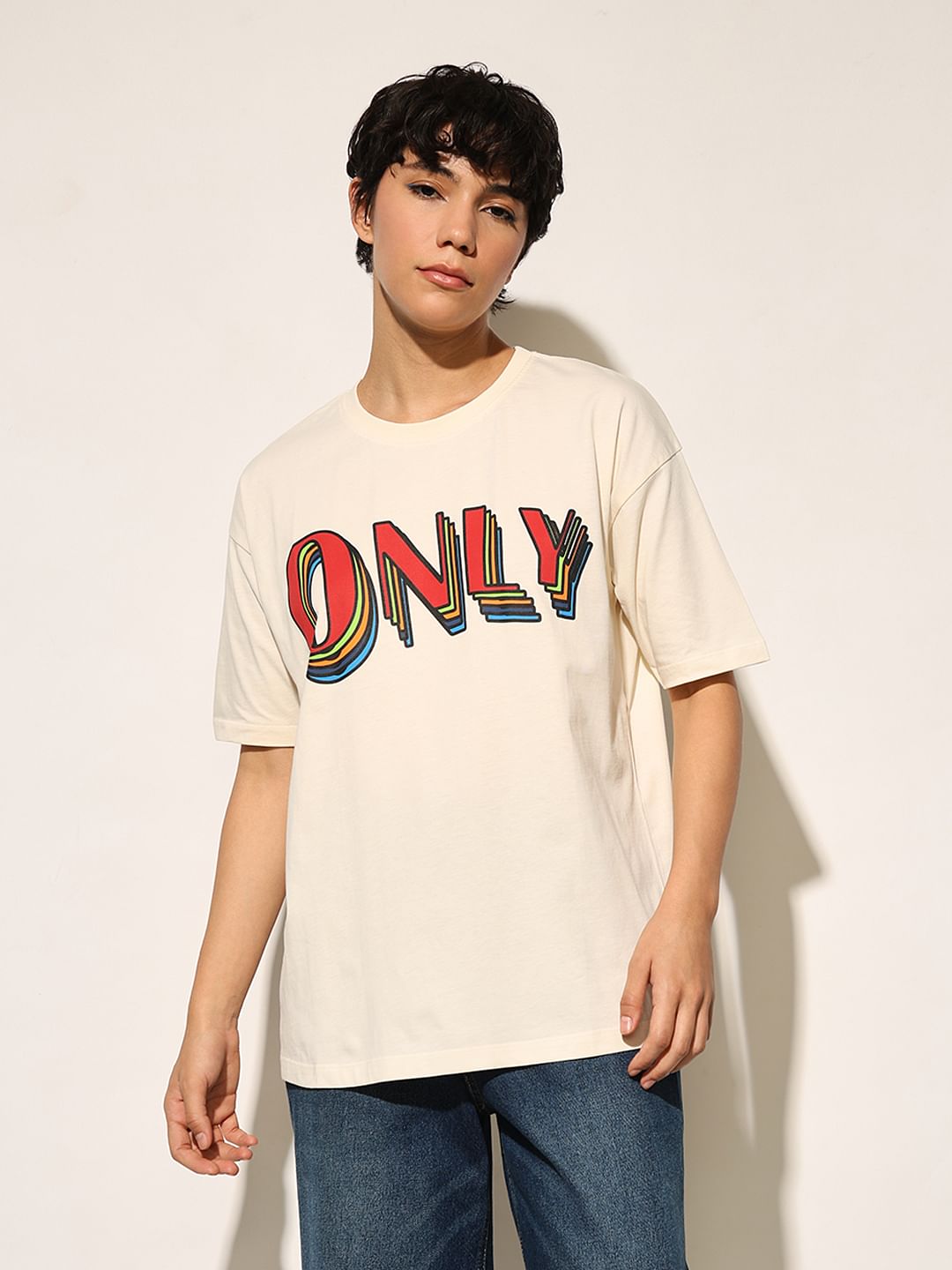 Cream Printed Cotton T-Shirt