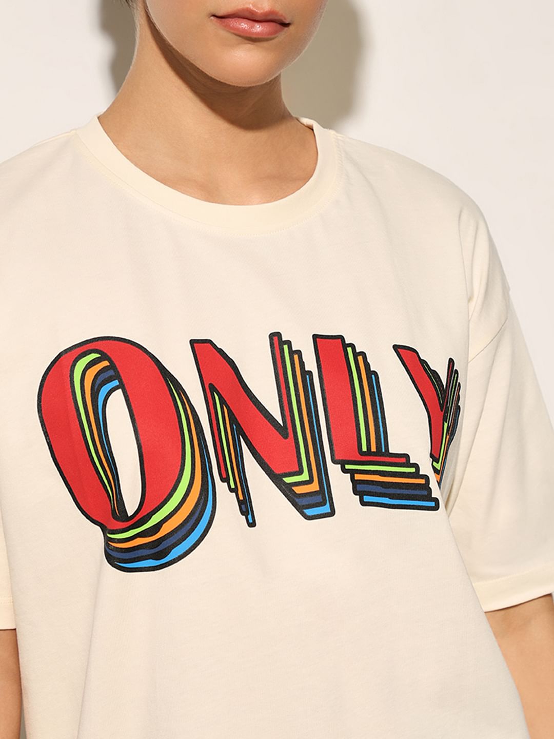 Cream Printed Cotton T-Shirt