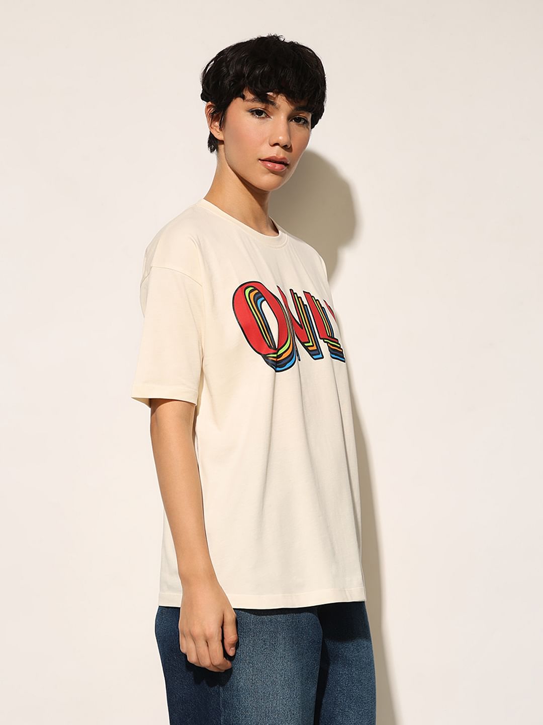 Cream Printed Cotton T-Shirt