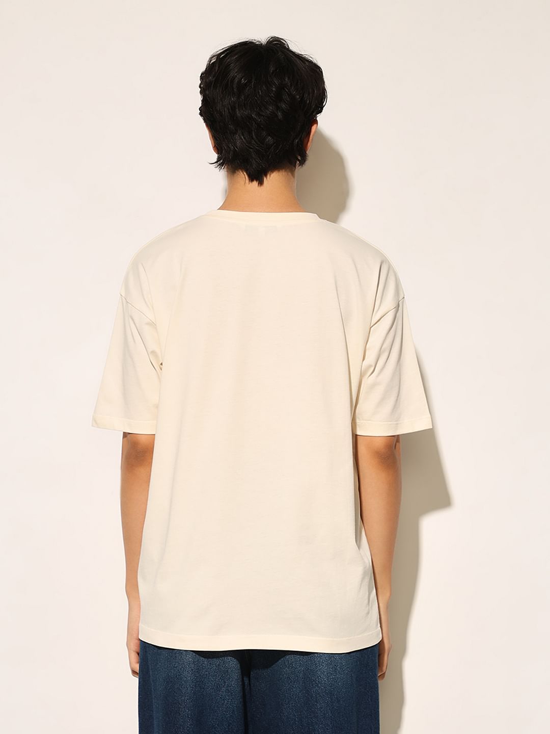 Cream Printed Cotton T-Shirt