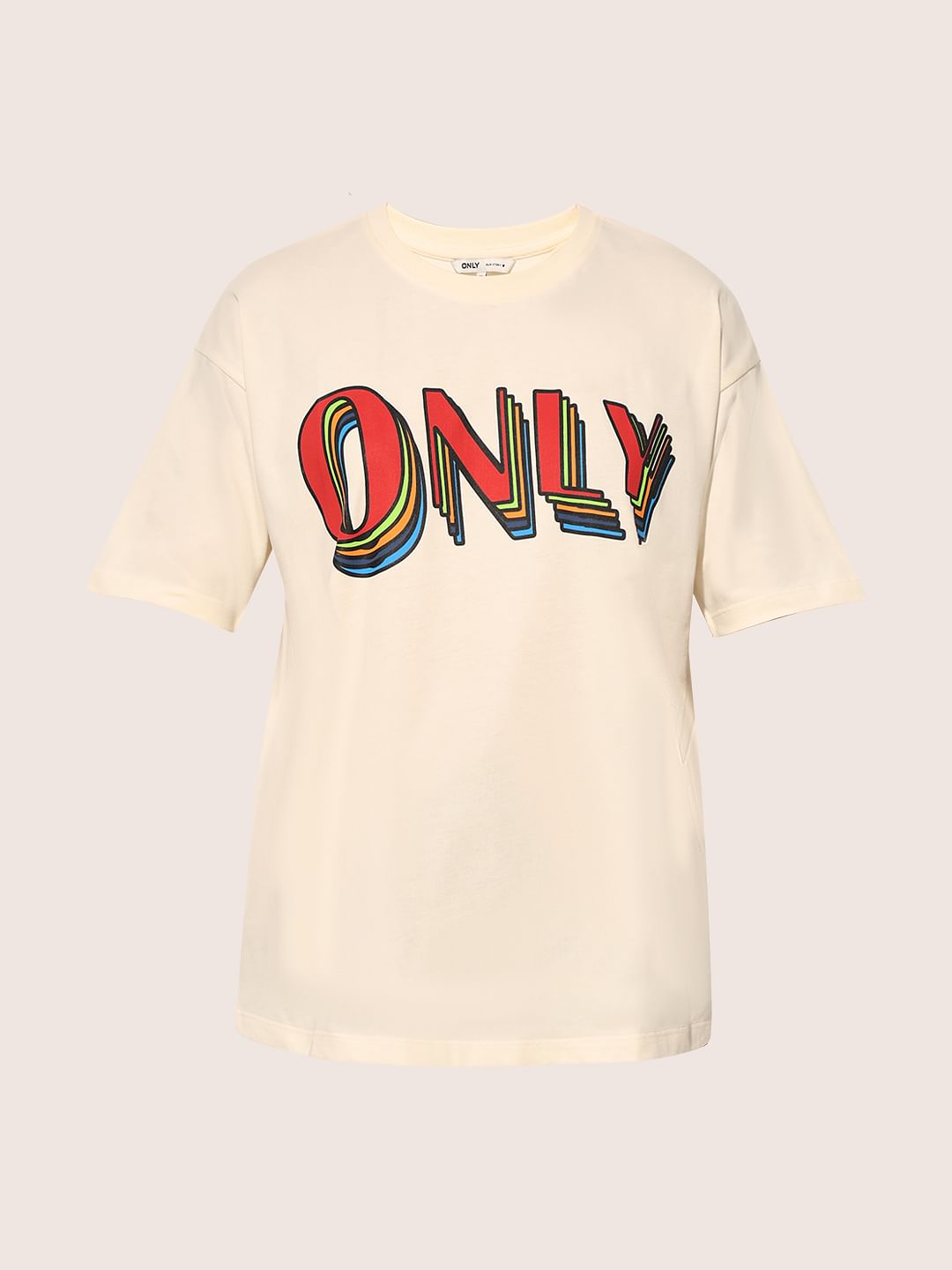 Cream Printed Cotton T-Shirt