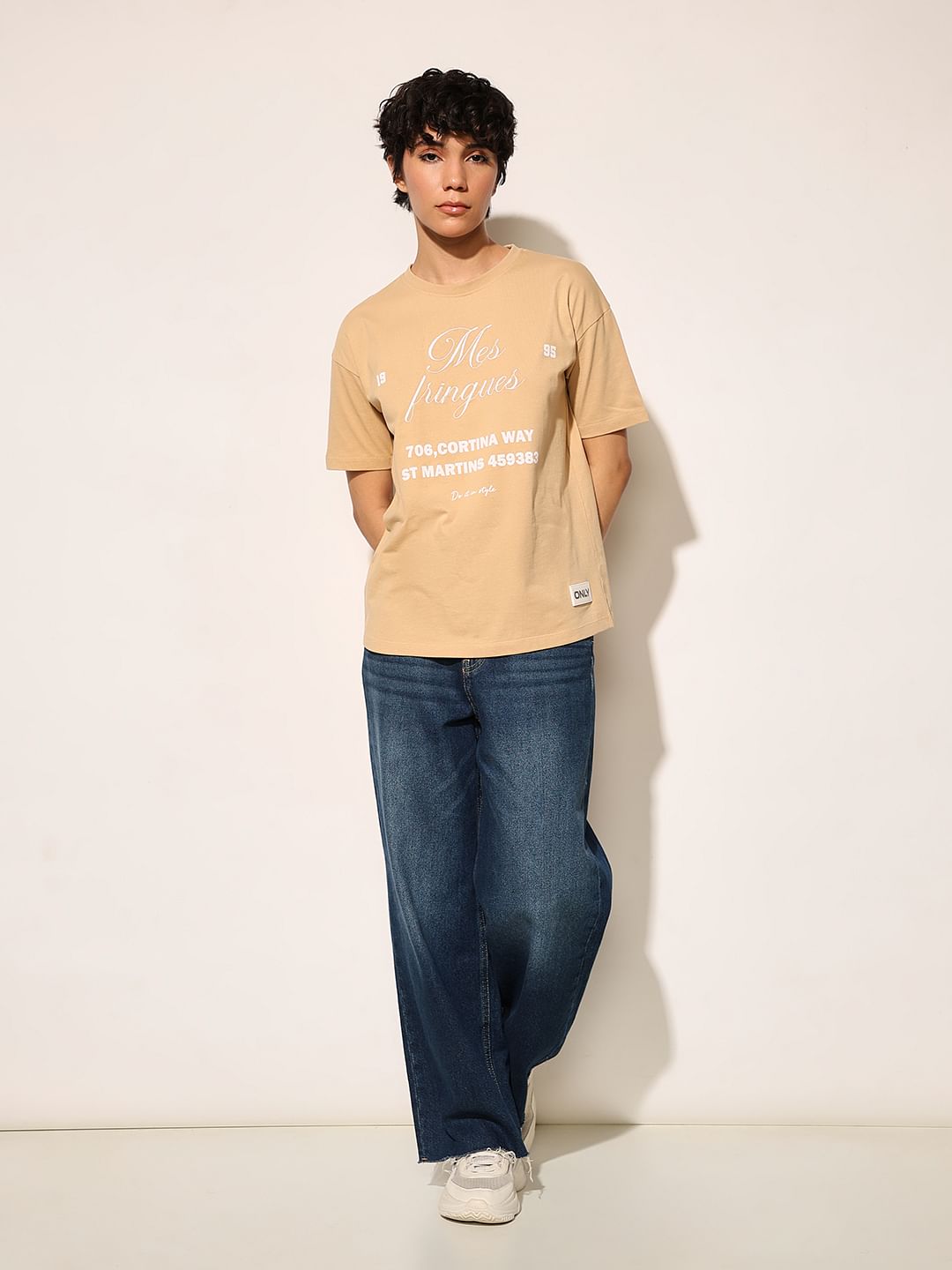 Tan Embroidered Print Cotton T-Shirt