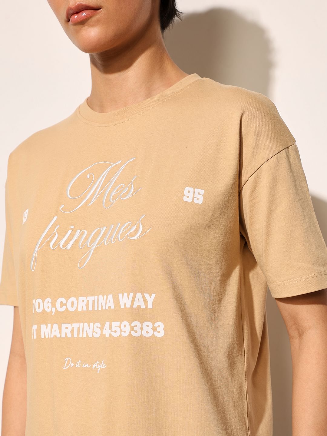 Tan Embroidered Print Cotton T-Shirt