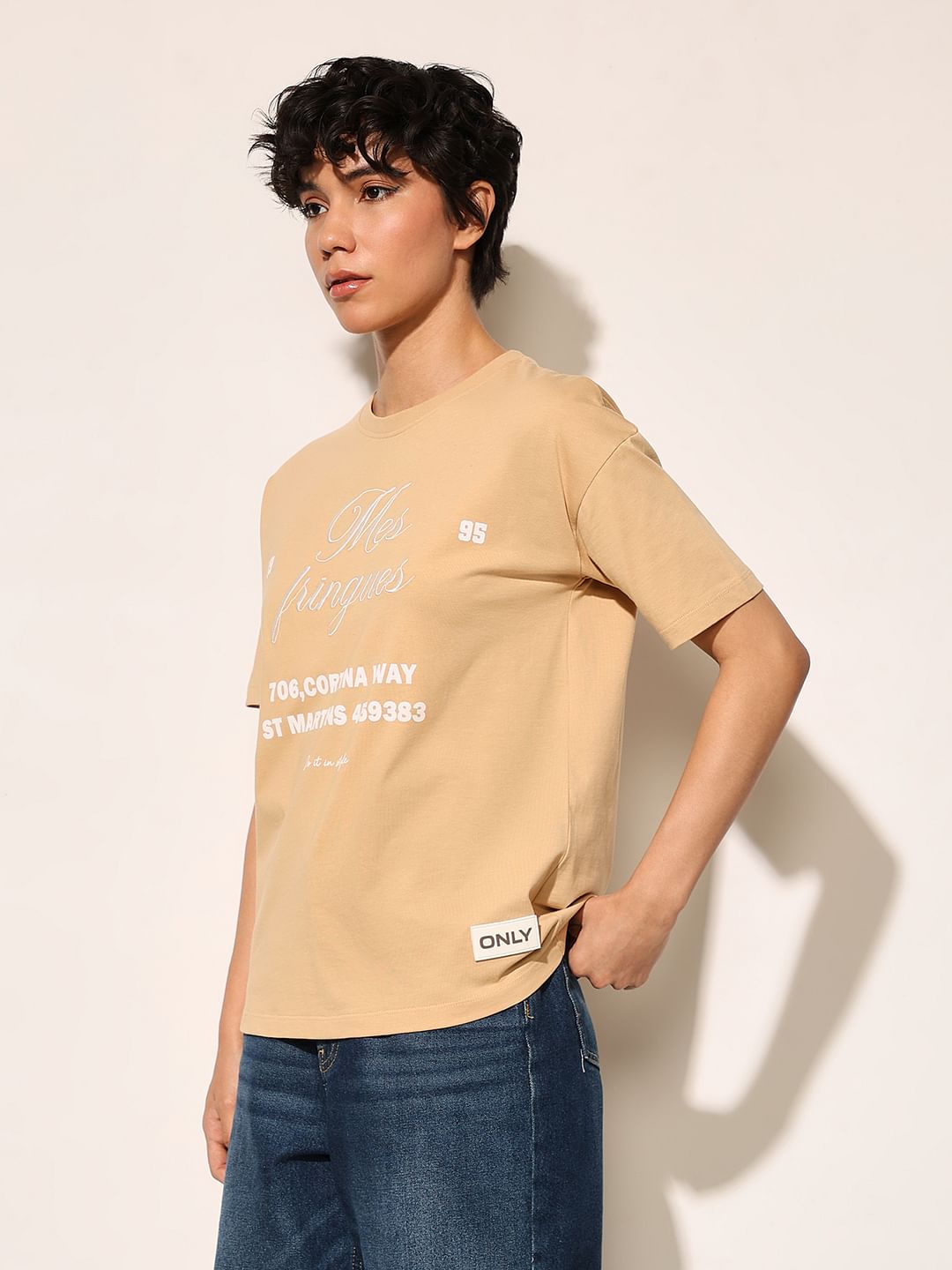 Tan Embroidered Print Cotton T-Shirt