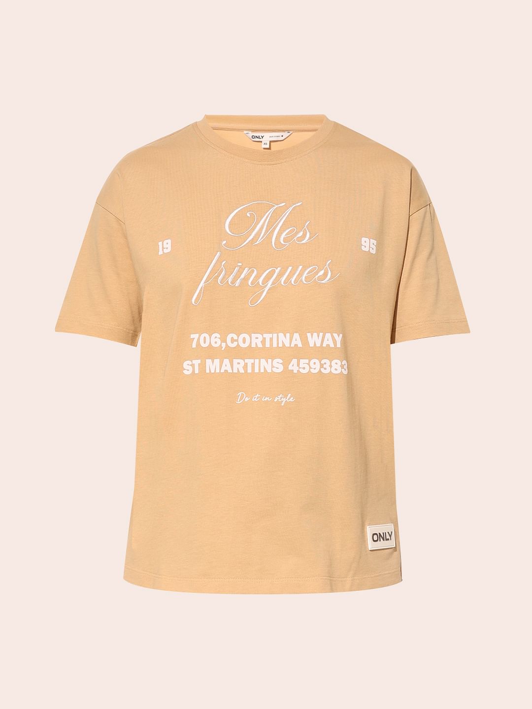 Tan Embroidered Print Cotton T-Shirt