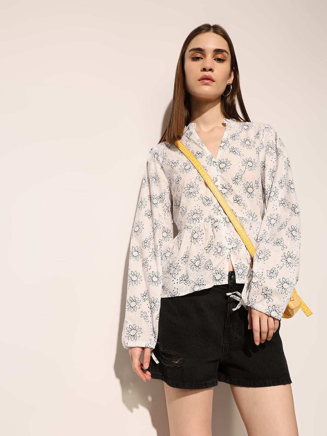 Off-White Printed Cotton Peplum Top