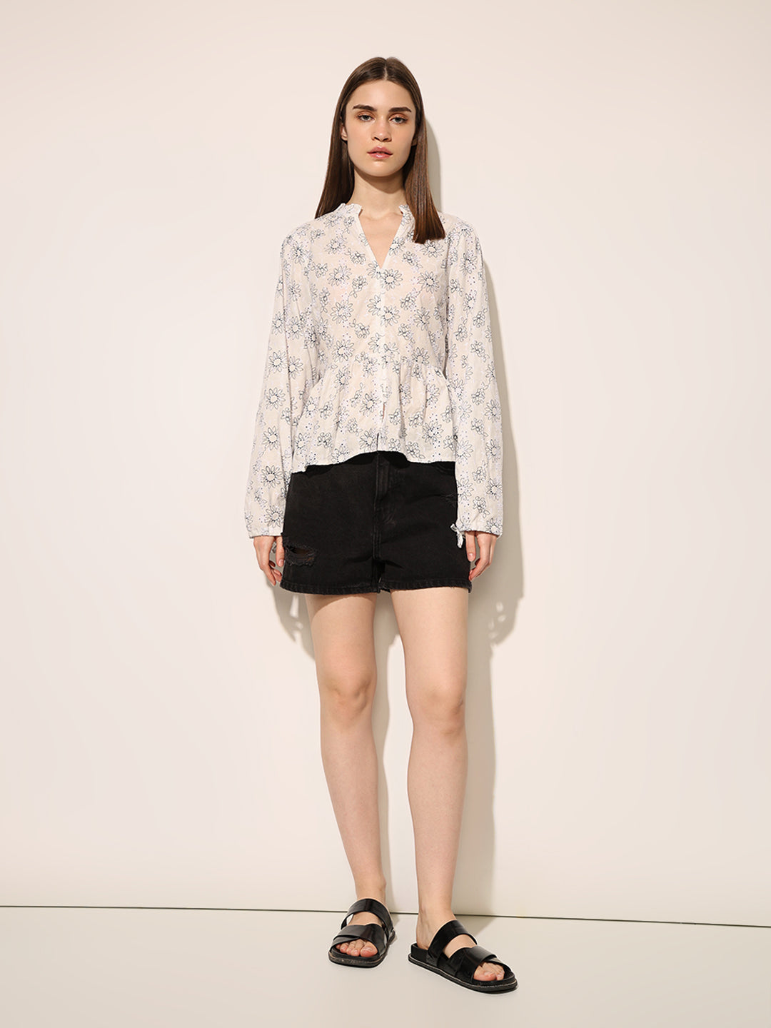 Off-White Printed Cotton Peplum Top