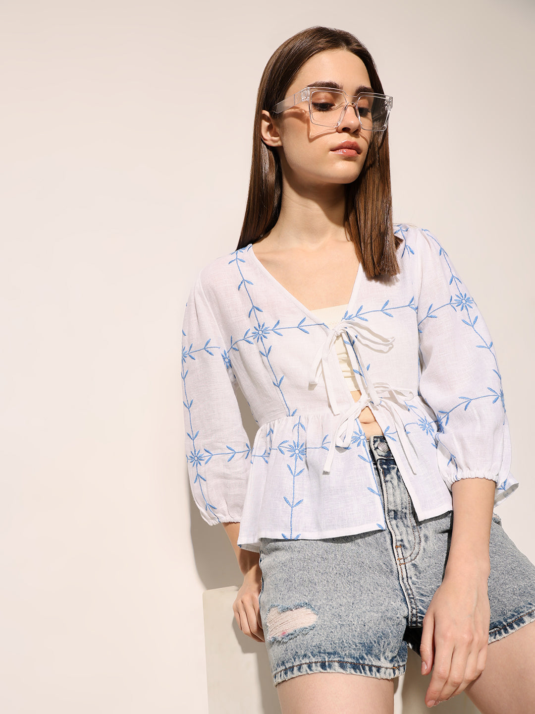White Embroidered Tie-Detail Top