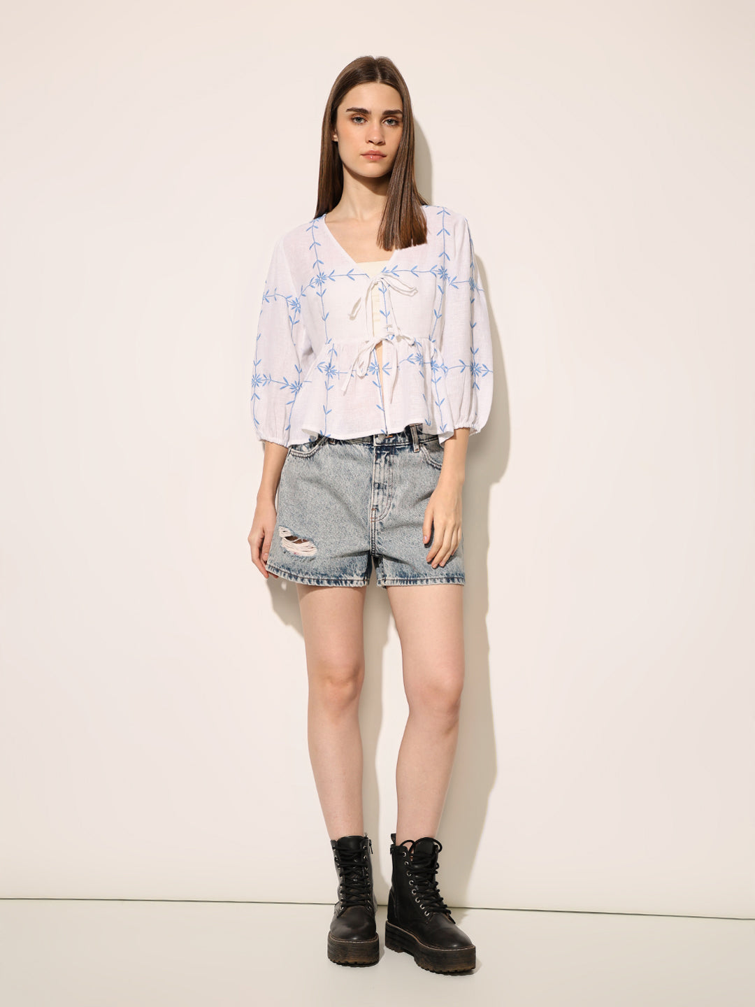 White Embroidered Tie-Detail Top