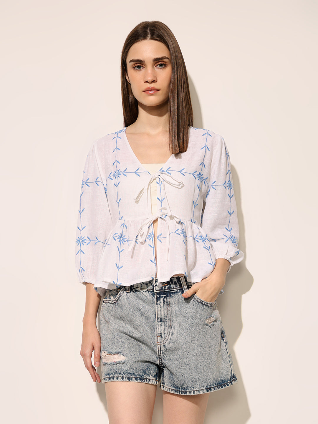 White Embroidered Tie-Detail Top
