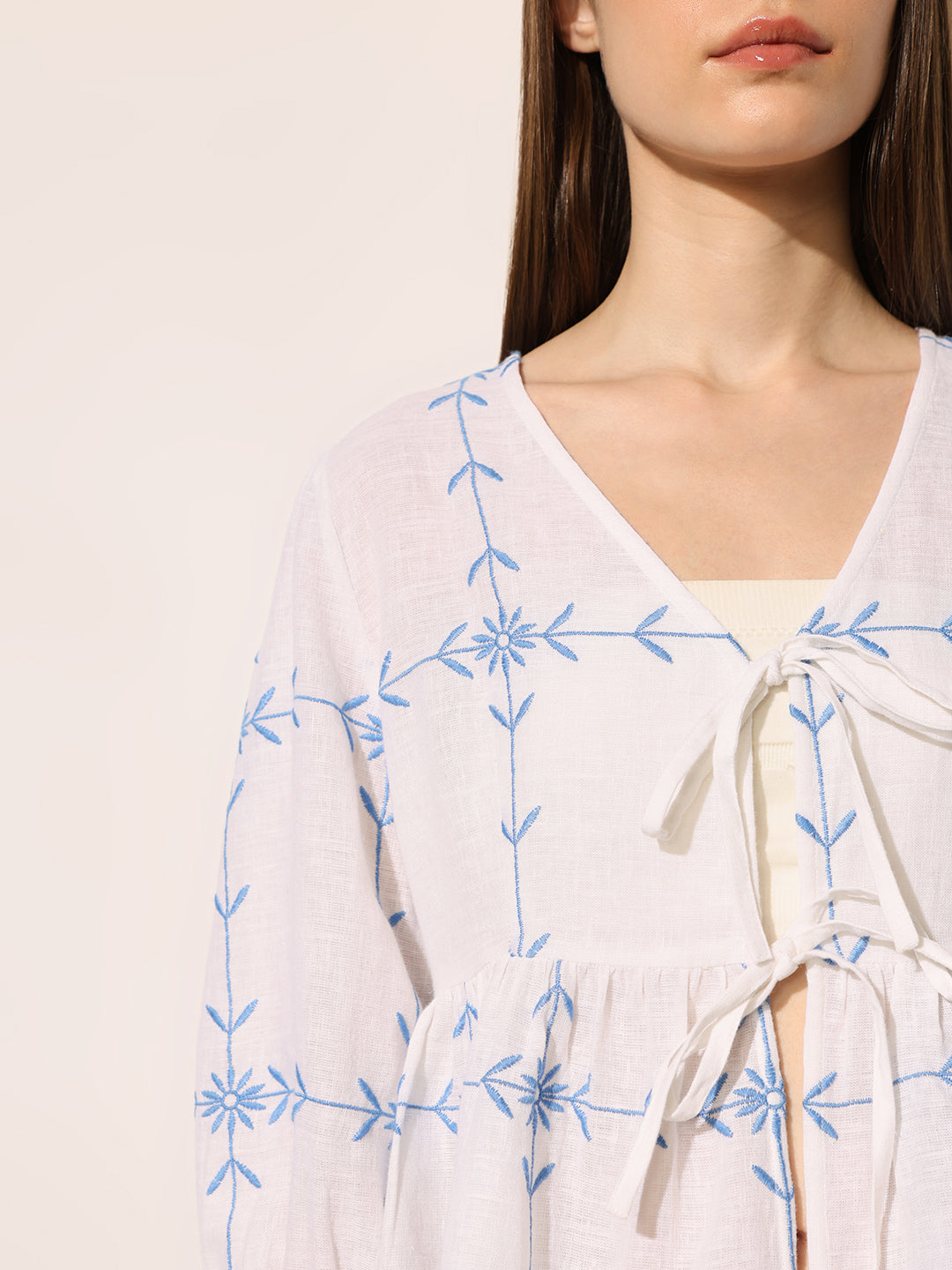 White Embroidered Tie-Detail Top