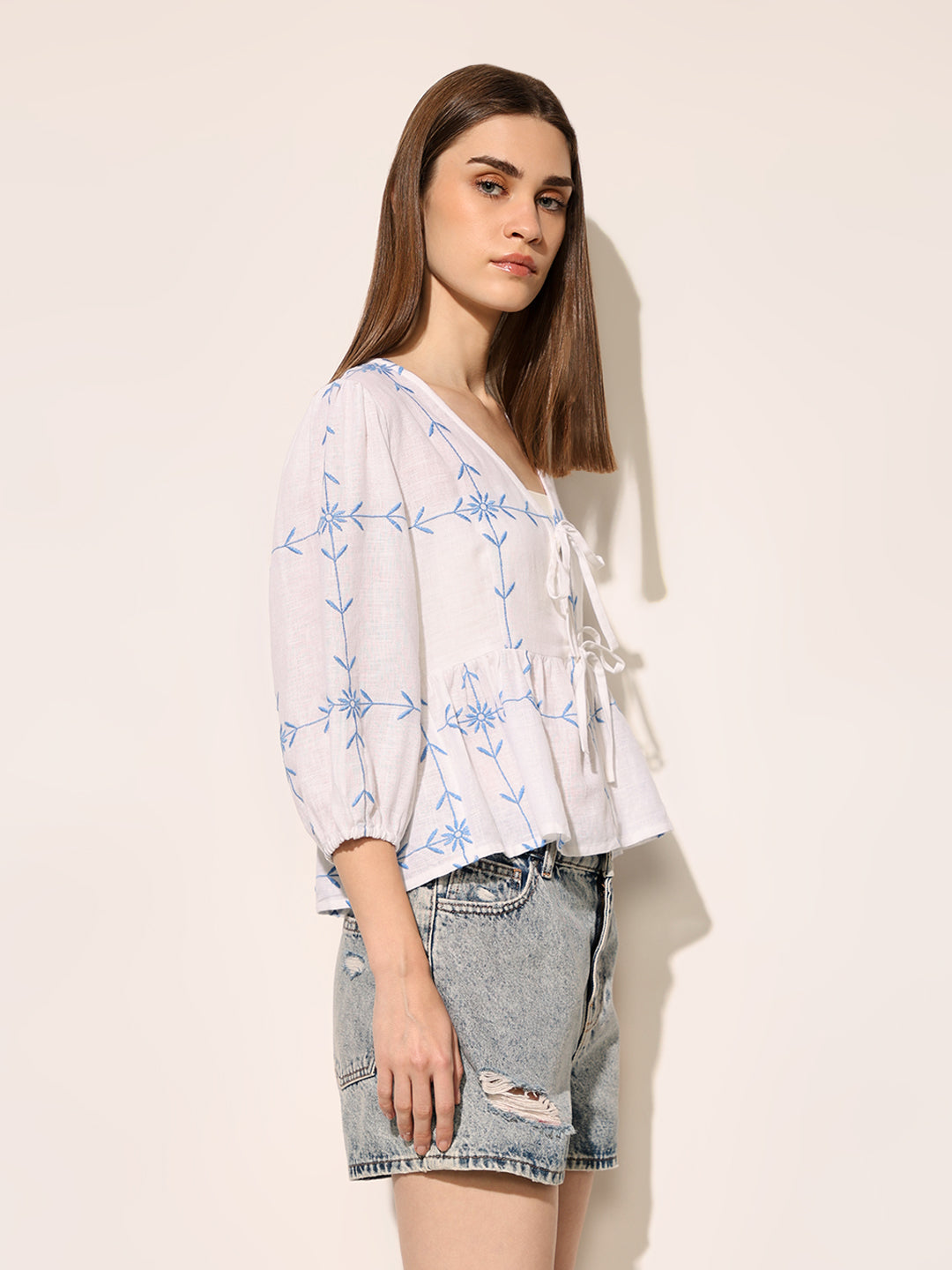 White Embroidered Tie-Detail Top
