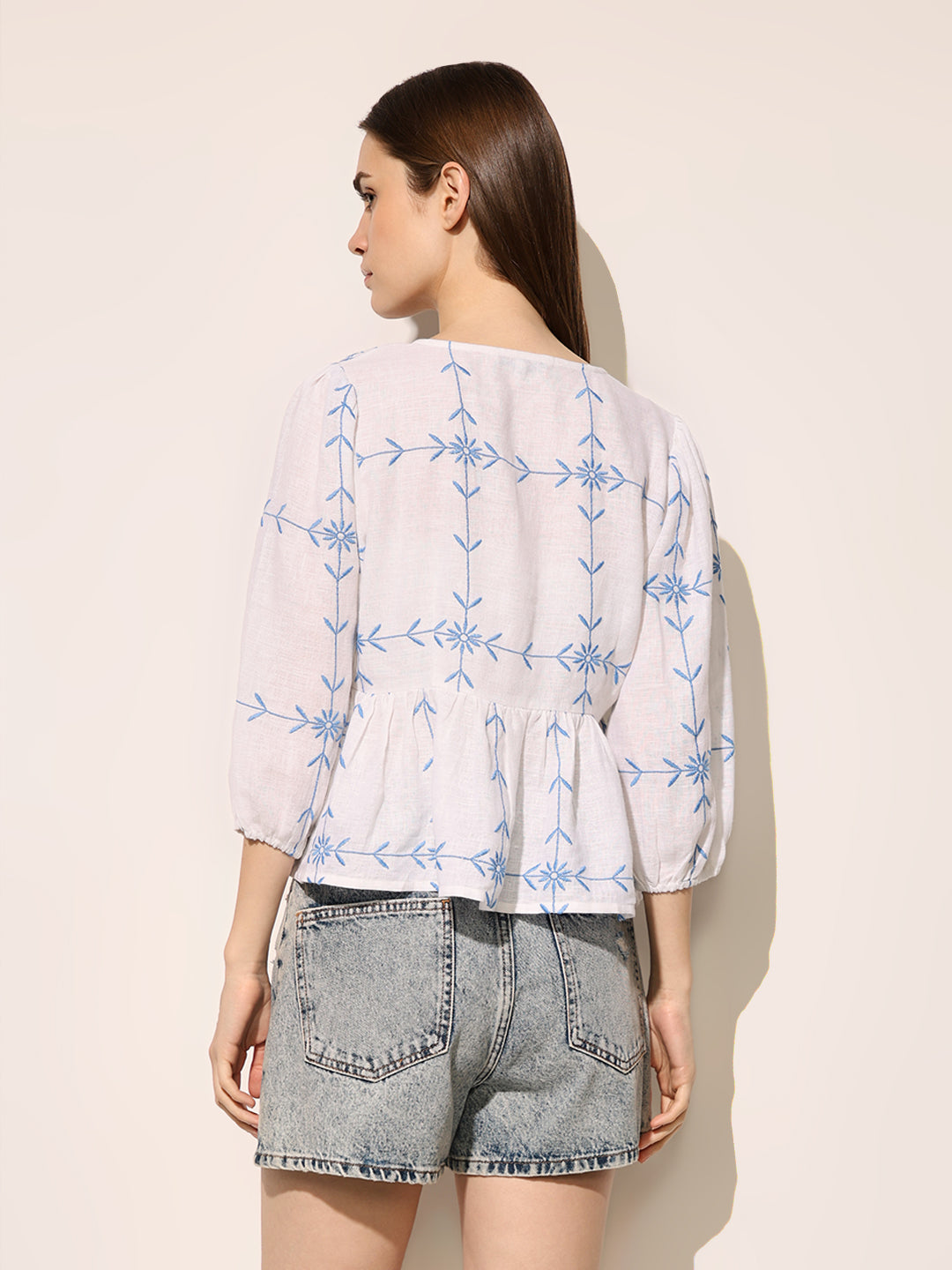 White Embroidered Tie-Detail Top