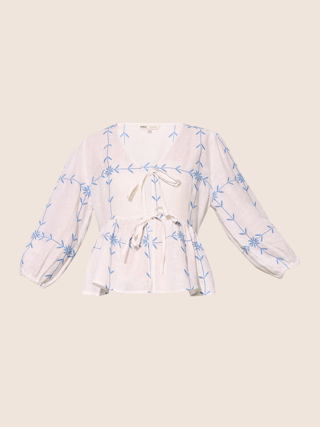 White Embroidered Tie-Detail Top
