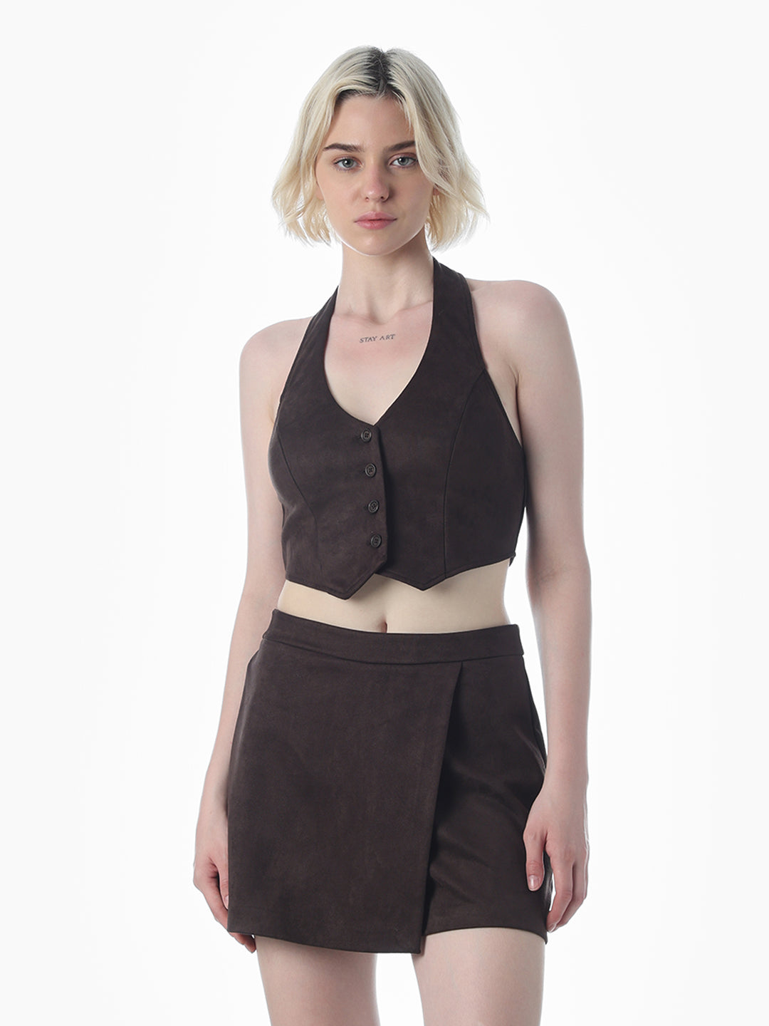 Dark Brown Halter Neck Suede Waistcoat