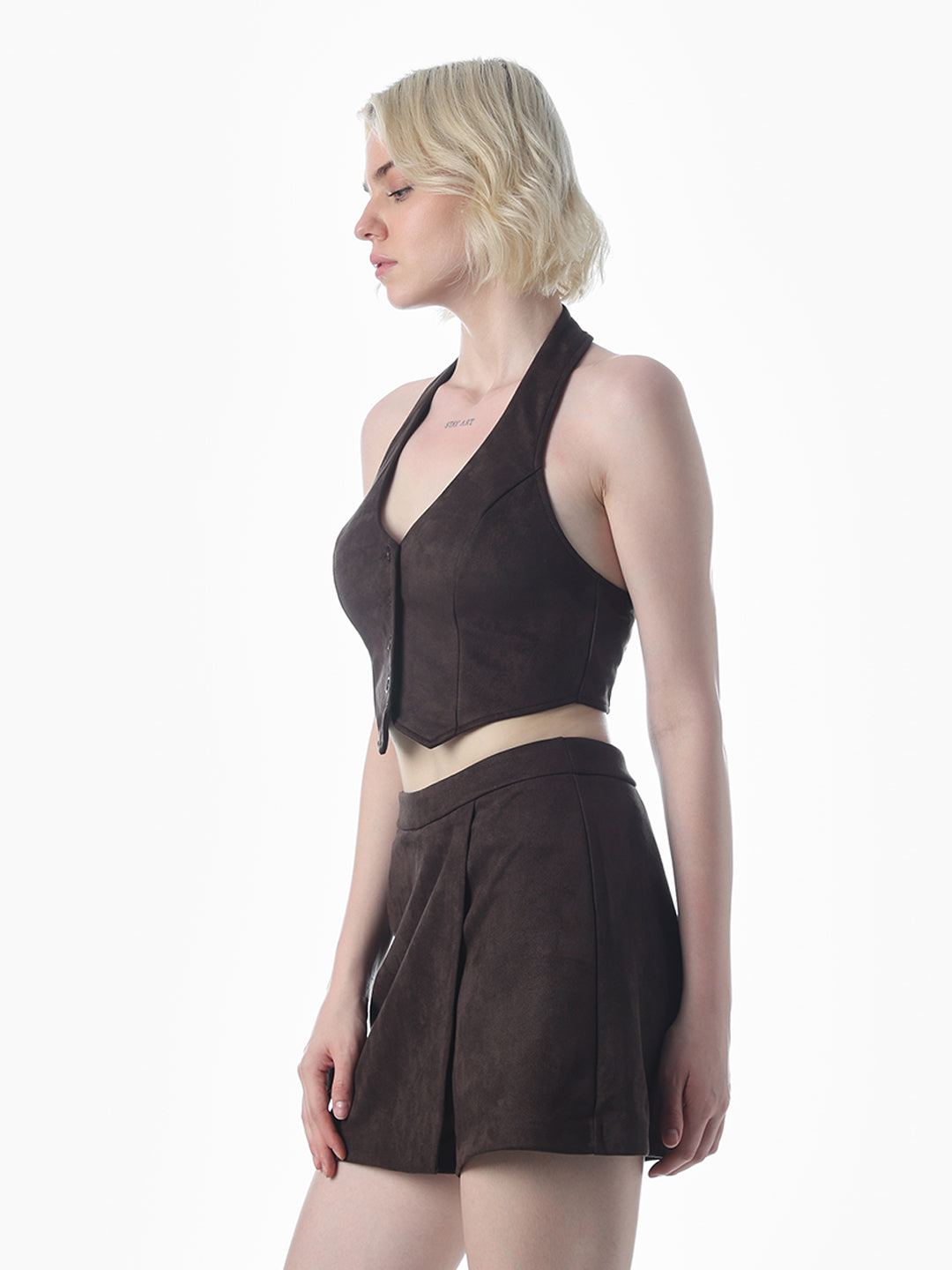 Dark Brown Halter Neck Suede Waistcoat