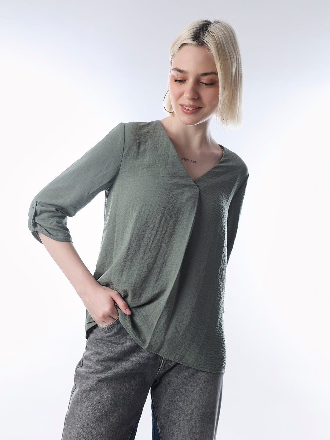 Green V-Neck Regular Fit Top