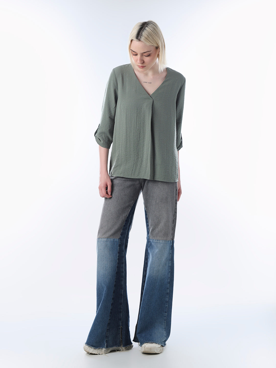 Green V-Neck Regular Fit Top