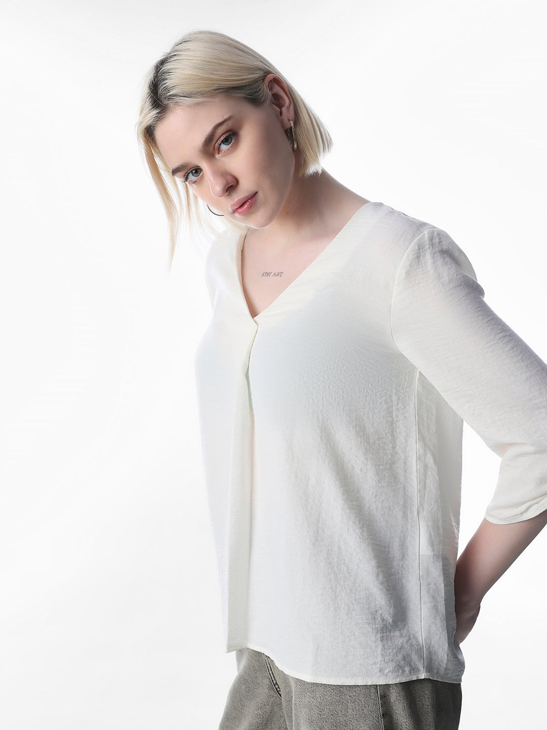 White V-Neck Regular Fit Top