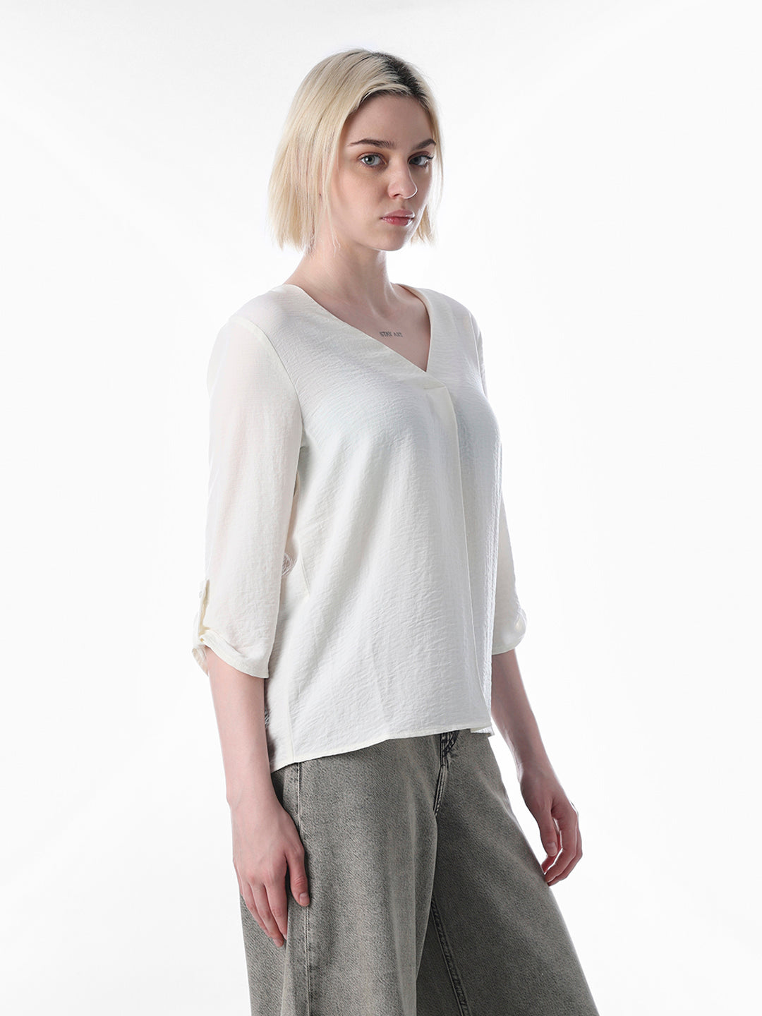 White V-Neck Regular Fit Top