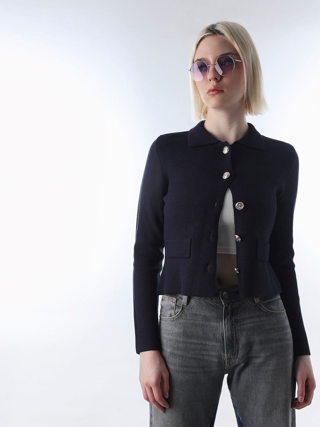 Navy Blue Fitted Knit Cardigan