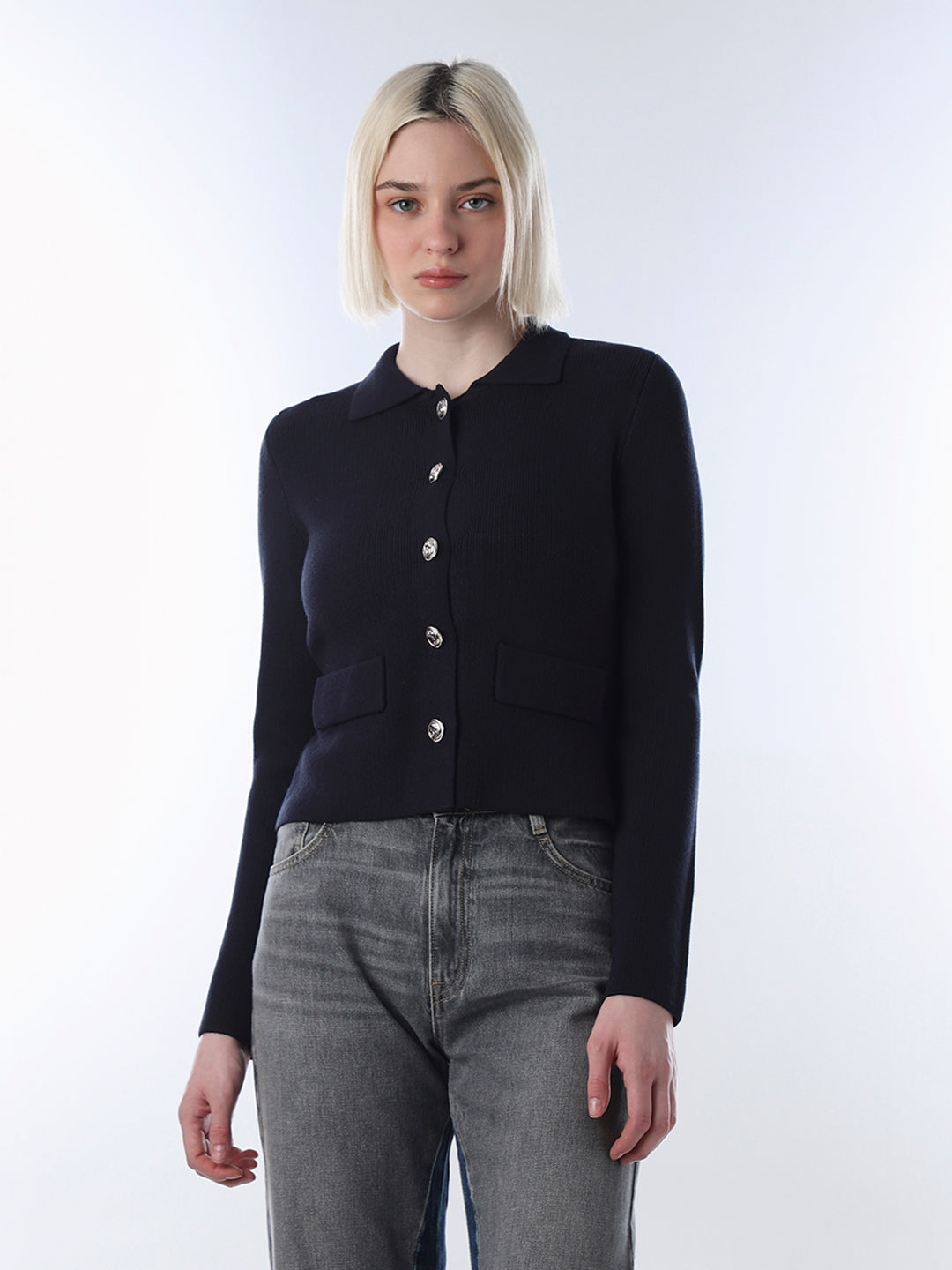 Navy Blue Fitted Knit Cardigan