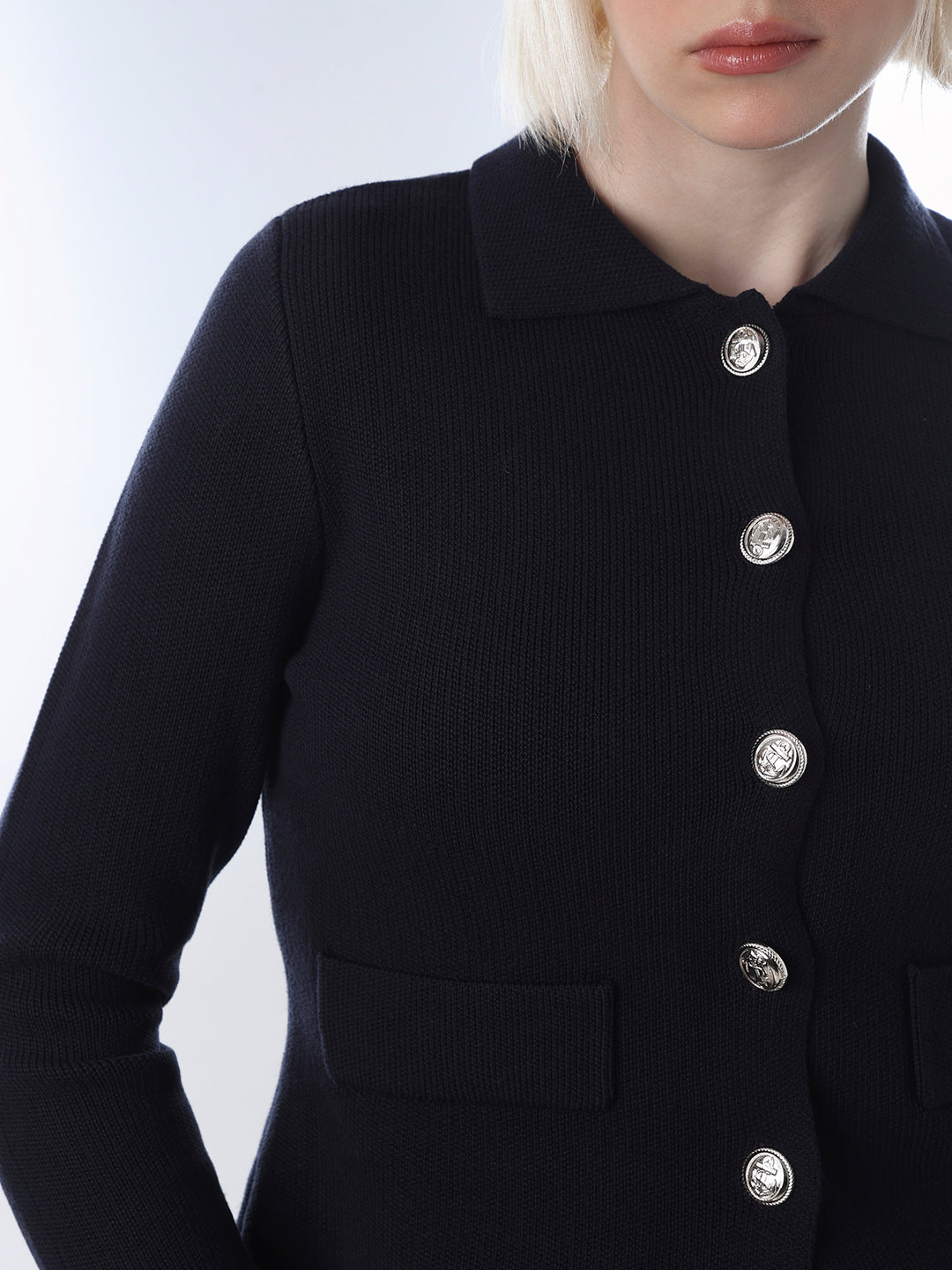 Navy Blue Fitted Knit Cardigan