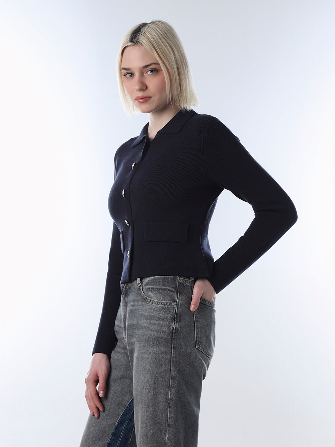 Navy Blue Fitted Knit Cardigan