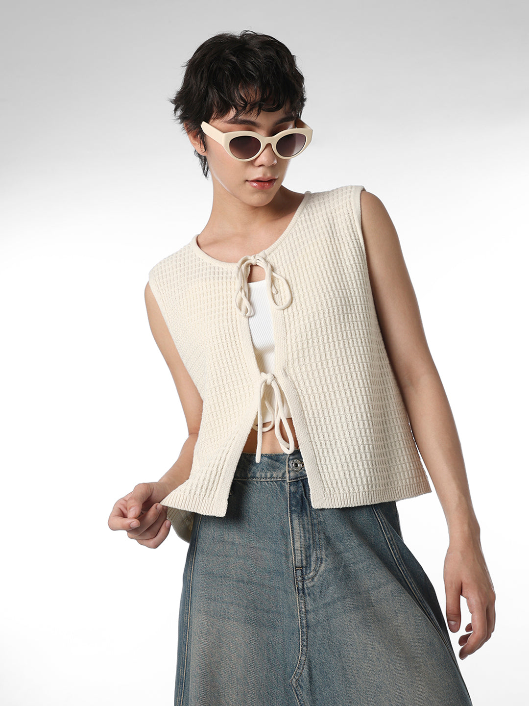 Beige Tie-Detail Rib Knit Vest