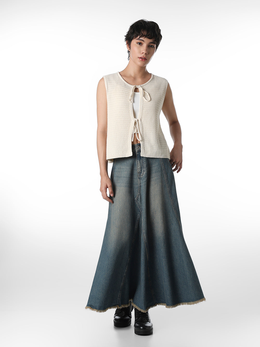 Beige Tie-Detail Rib Knit Vest