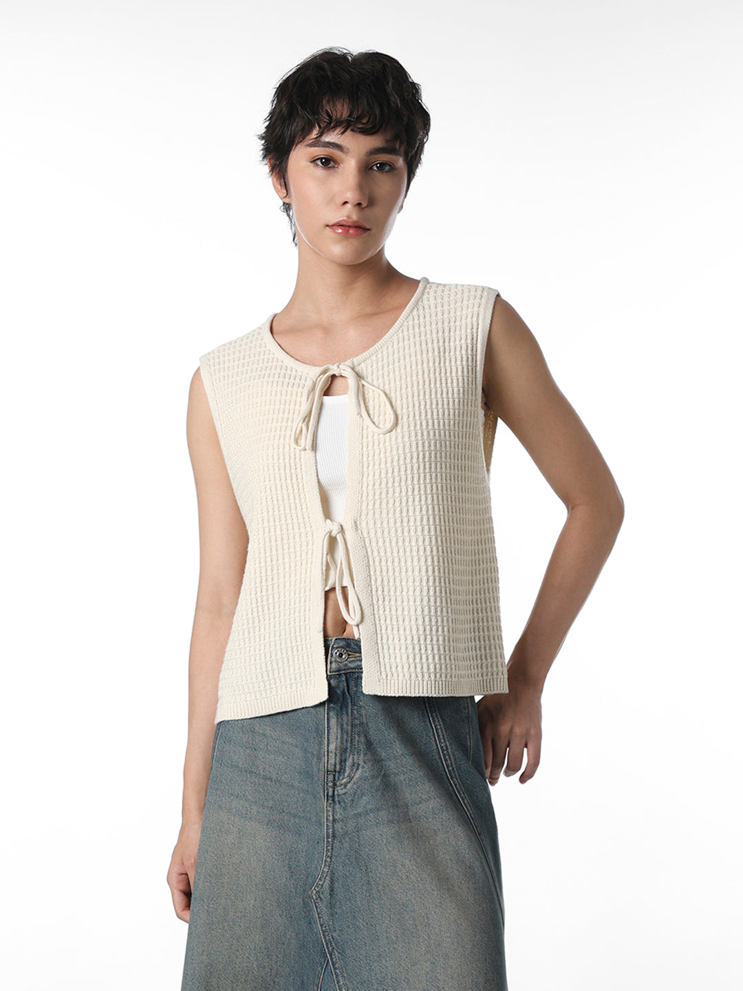 Beige Tie-Detail Rib Knit Vest