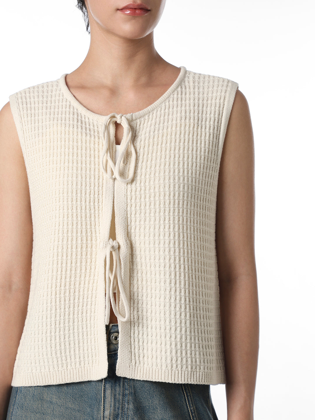 Beige Tie-Detail Rib Knit Vest