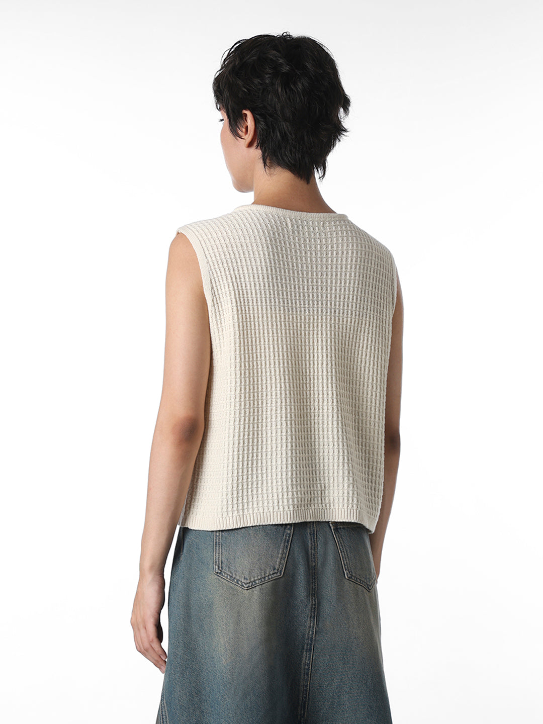 Beige Tie-Detail Rib Knit Vest
