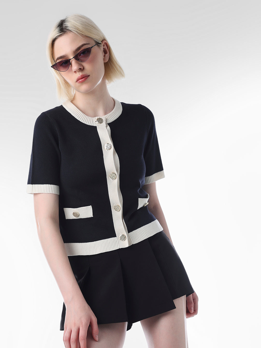 Navy Blue Short Fitted Cardigan