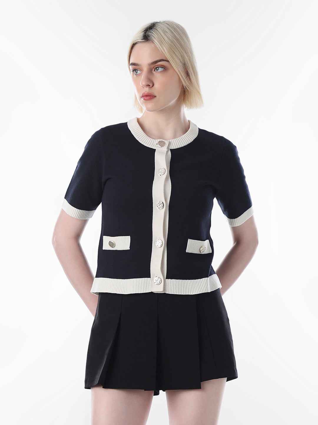 Navy Blue Short Fitted Cardigan