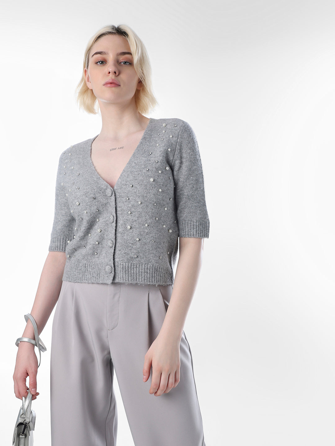 Grey Embellished Fine Knit Cardigan