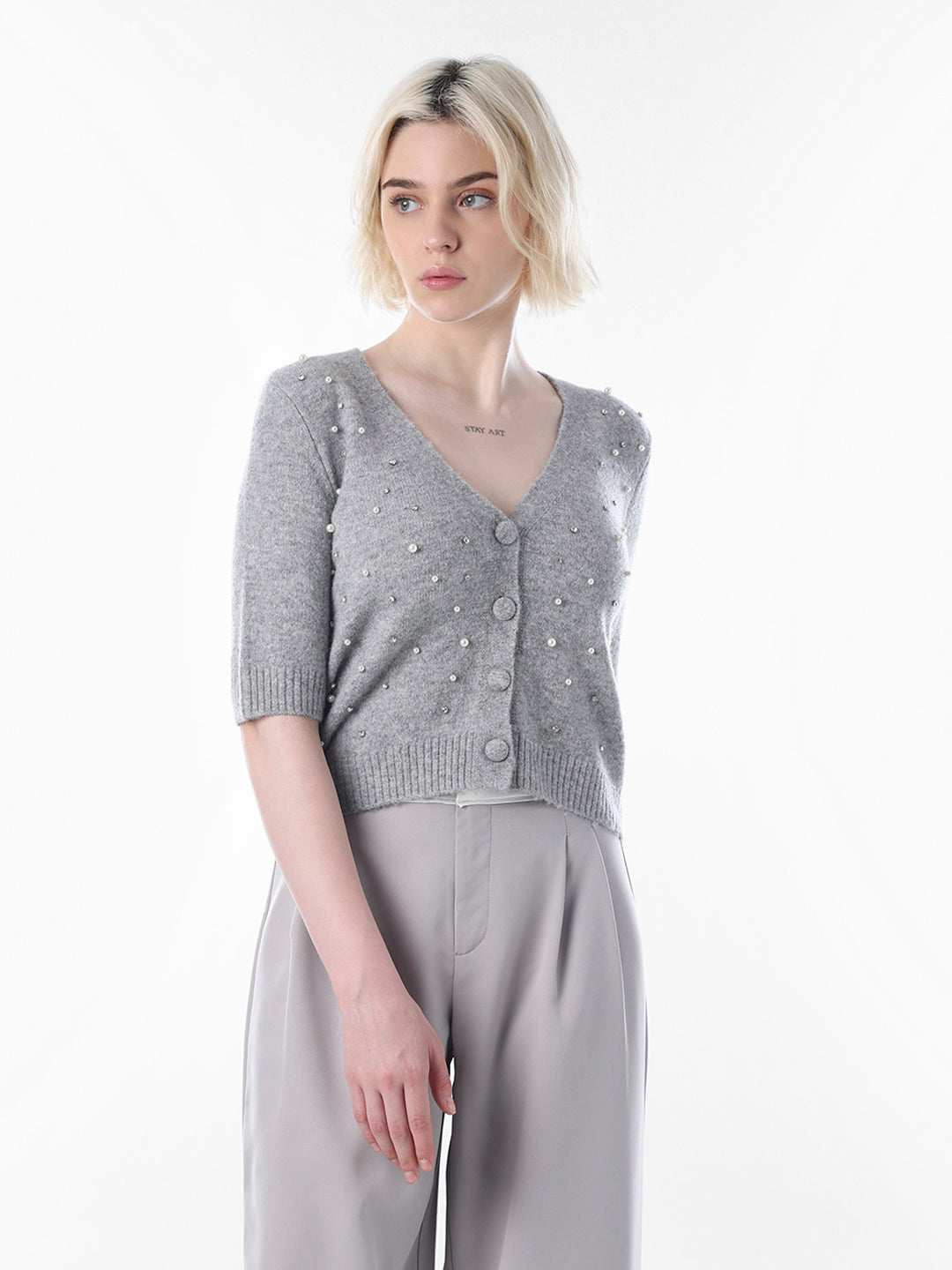 Grey Embellished Fine Knit Cardigan