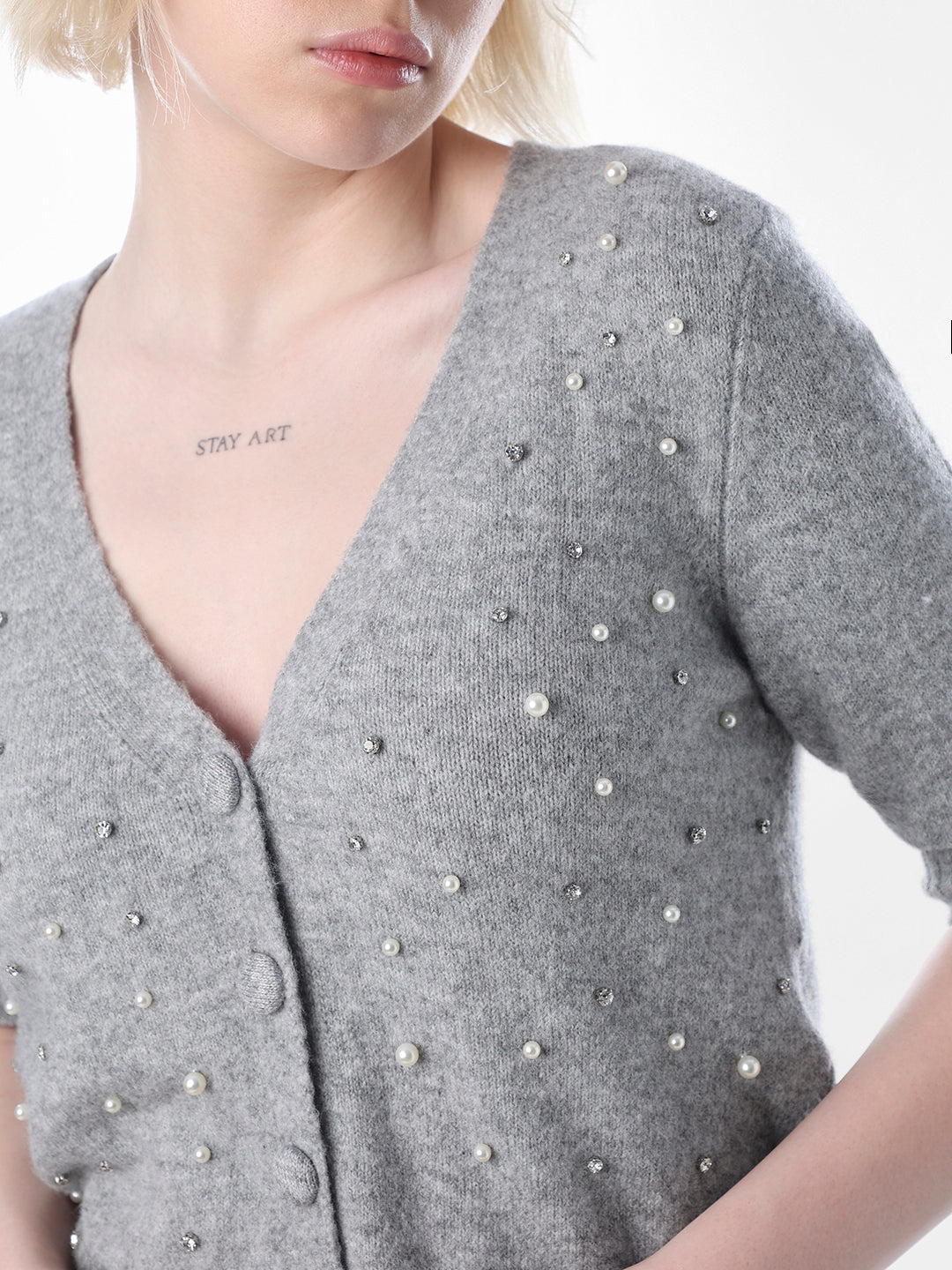 Grey Embellished Fine Knit Cardigan