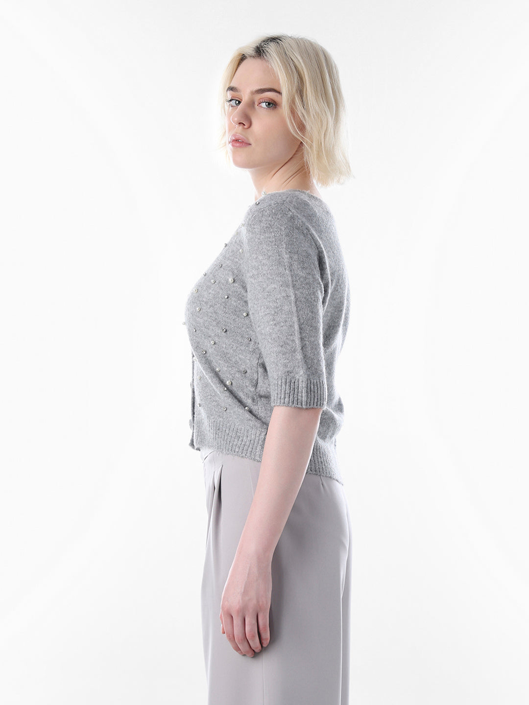 Grey Embellished Fine Knit Cardigan