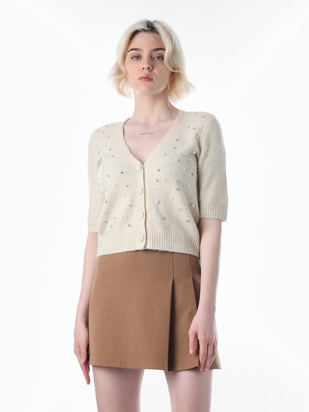 Cream Embellished Fine Knit Cardigan