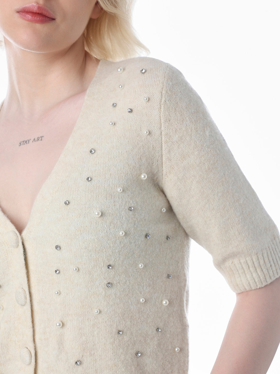 Cream Embellished Fine Knit Cardigan