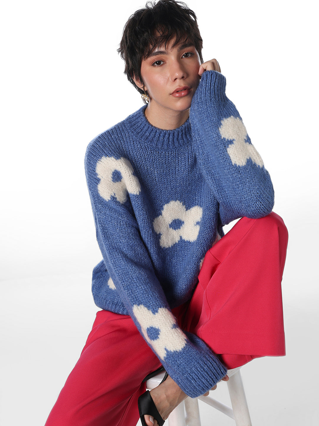 K*K様 Ameri LOW RESOLUTION FLOWER KNIT TO Blue Floral Pullover