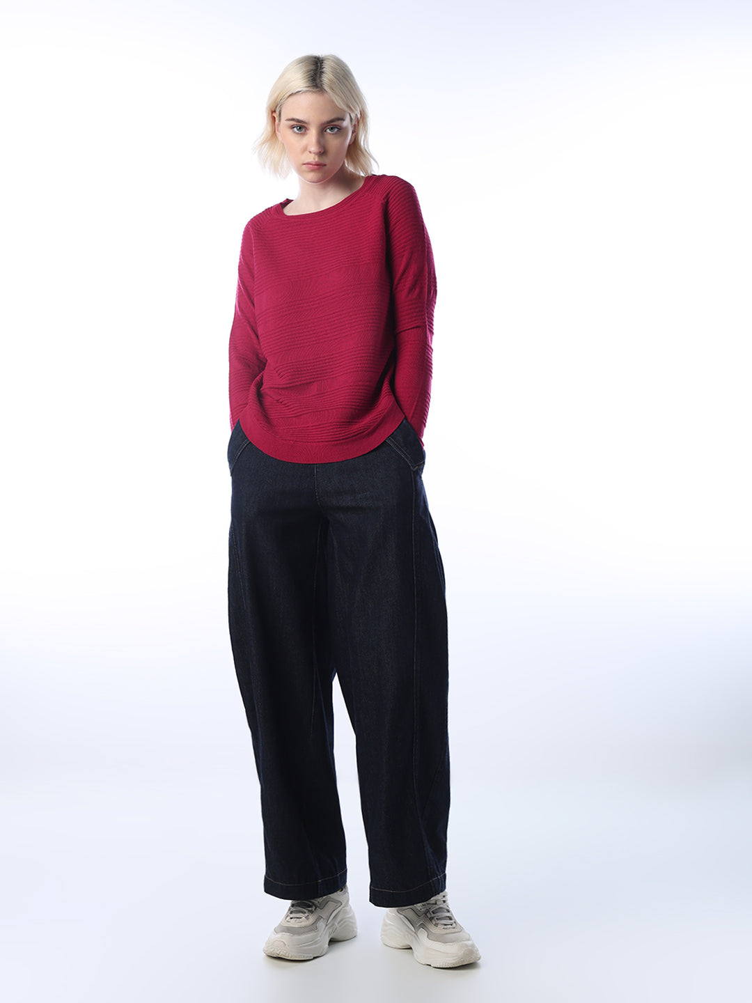Structured Knitted Pullover - Maroon