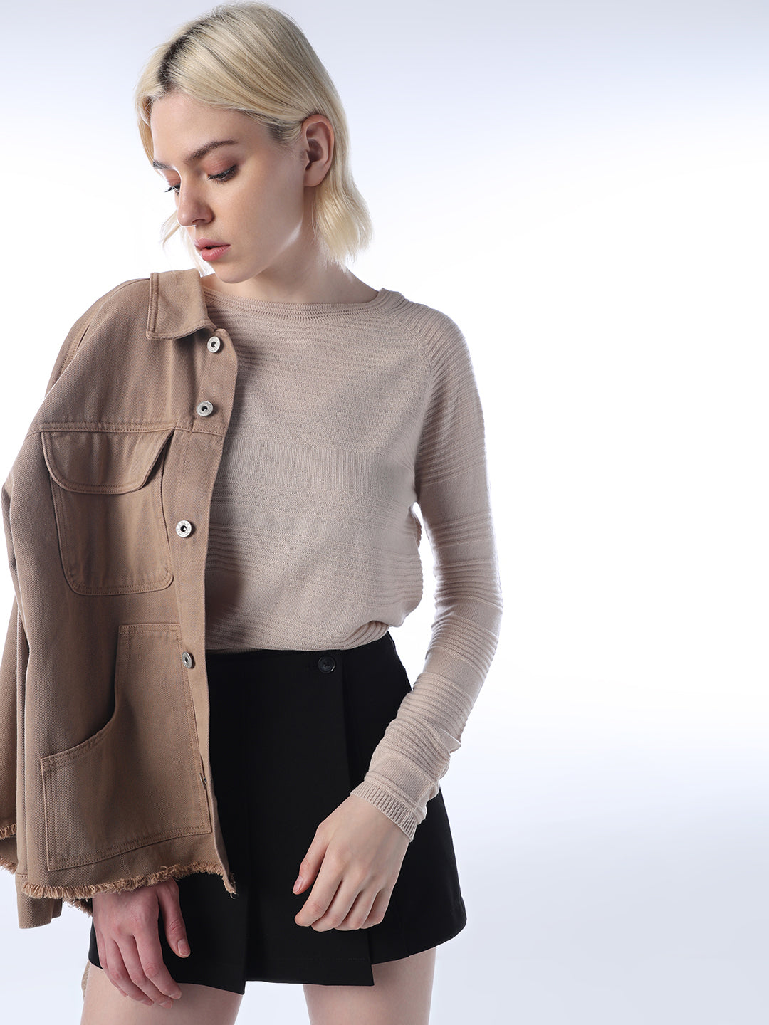 Structured Knitted Pullover - Beige
