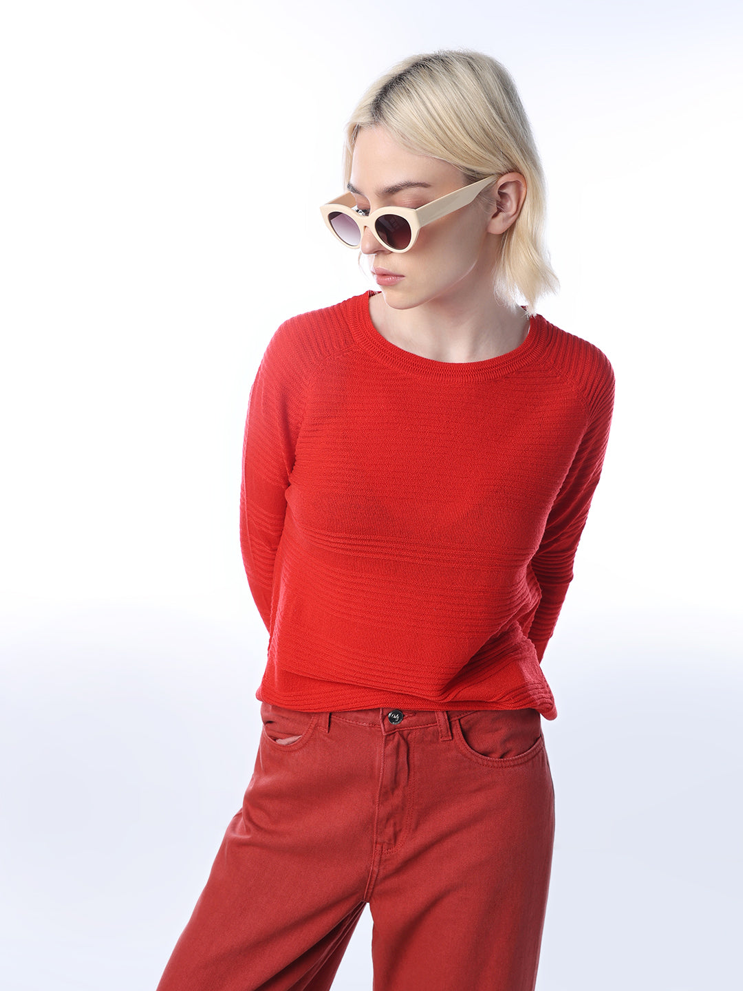 Structured Knitted Pullover - Red