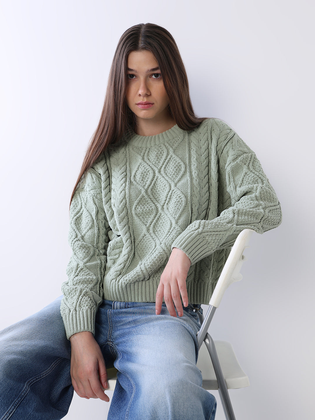 Green Cable Knit O-Neck Pullover