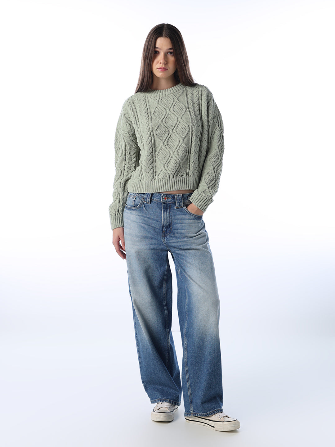 Green Cable Knit O-Neck Pullover