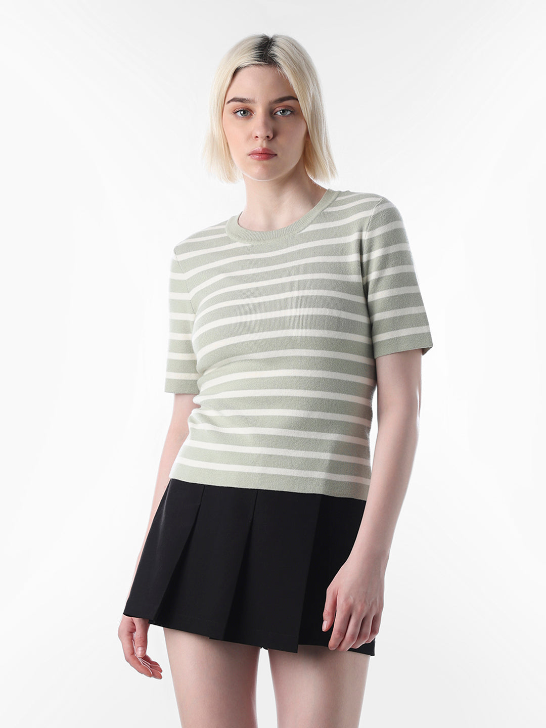 Green Striped Fine Knit Pullover
