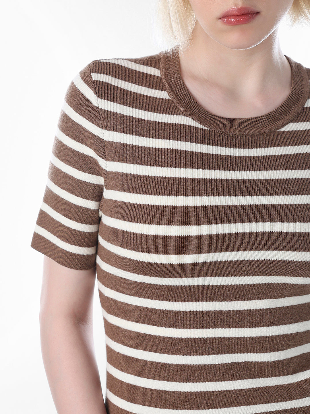Brown Striped Fine Knit Pullover